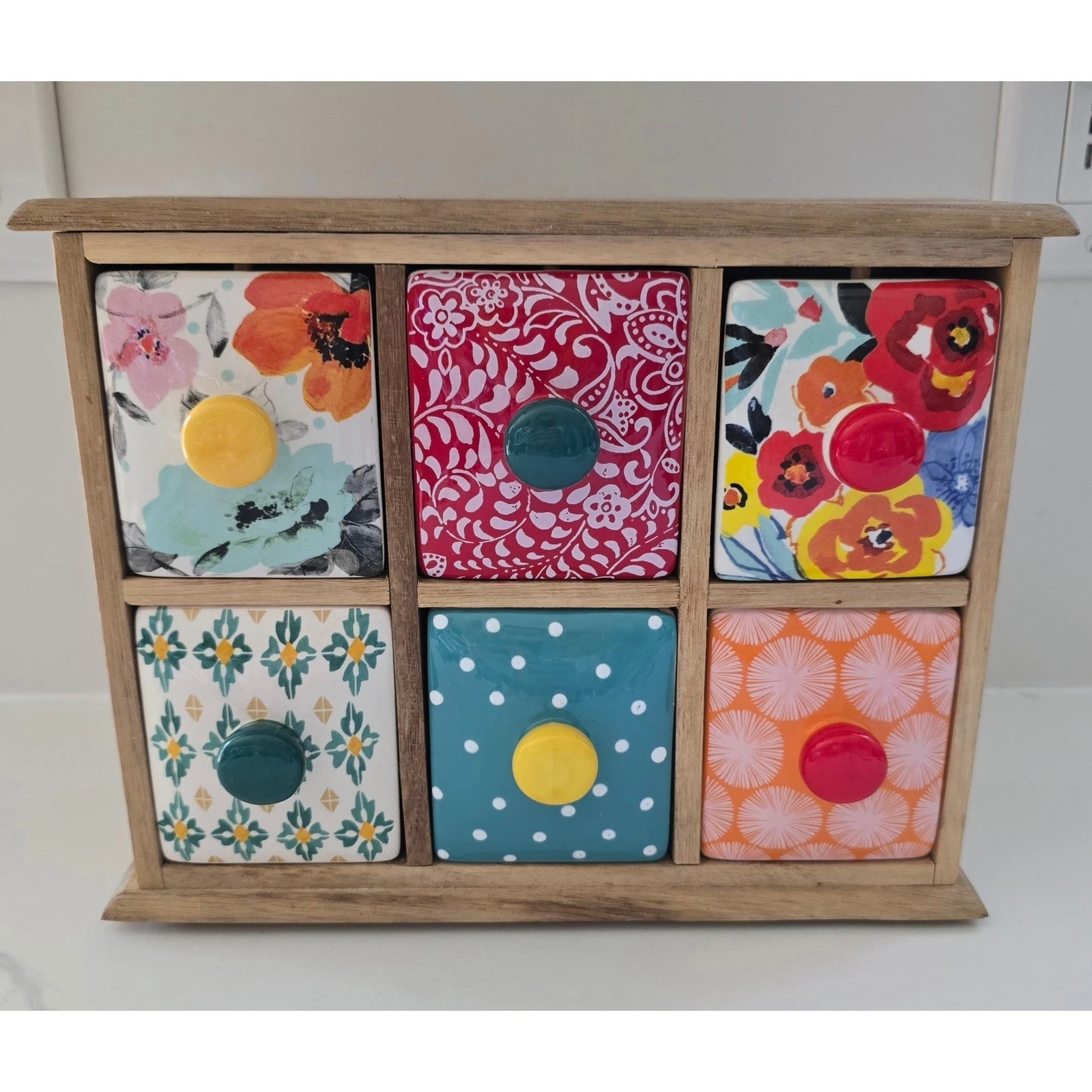 The Pioneer Woman Wood Spice Rack 6 Ceramic Drawers Floral Multicolor Organizer