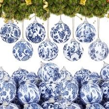24 Pcs White and Blue Christmas Chinoiserie Ornaments Ball Fabric Wrapped Han...