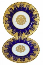 Antique Copeland Spode Cobalt Blue & Raised Gold Cabinet Plates Set Of 2