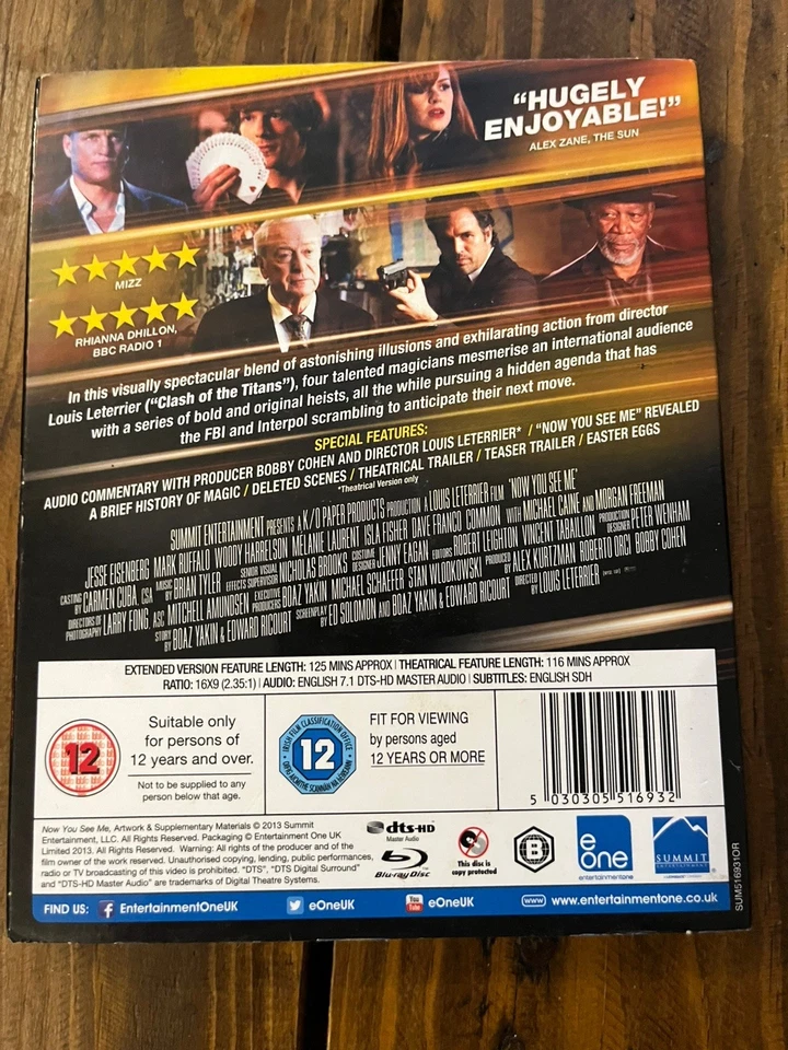 Now You See Me (Blu-ray, 2013) Extended Edition. Michael Caine, Morgan Freeman - Image 2 of 3