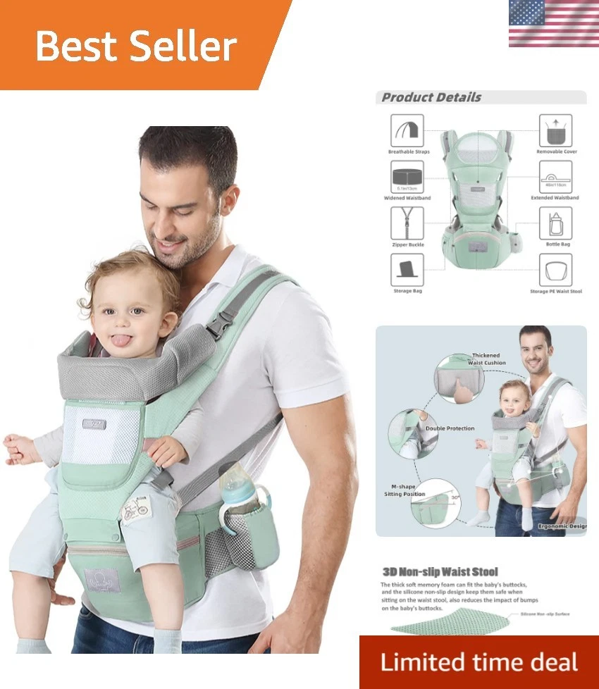Breathable Cotton Baby Carrier with Hip Seat for 7-45lbs - Ideal for Parents