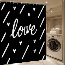 Love Shower Curtain with Hearts and Stripes - Black and White