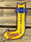 VINTAGE 12x7" CHEVROLET SERVICE Garage Yellow ARROW GASOLINE PORCELAIN OIL SIGN