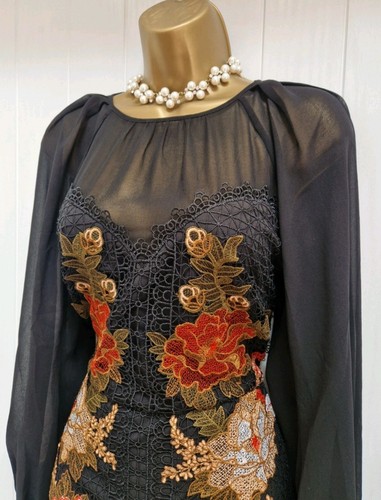 Karen Millen Black Lace Volume Sleeve Embroidered Occasion Dress UK 10 RRP £284 - Picture 6 of 12
