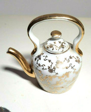 Vintage GDV Limoges Paris Miniature Tea Pot Kettle France Gold Floral on White