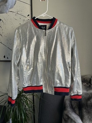 ELA Los Angeles Silver Metallic Bomber Jacket Red & Blue Striped Trim Sz S Y2K