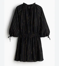 H&M Mini Dress Black Gold Stripe Ruffle Neck Tie 3/4 Sleeve Elastic Waist