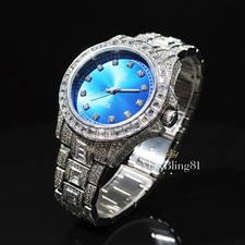 MEN'S SILVER PLATED BLUE DIAL SIMULATED DIAMOND WRIST BLING WATCH HIP HOP ICED