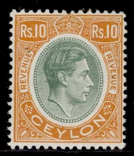 CEYLON GVI SG F1, 10r dull green & yellow-orange, LH MINT. Cat £100.
