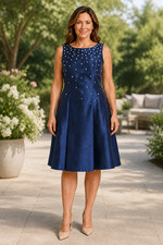 Tahari Arthur S. Levine Navy Pearl Embellished Fit & Flare Dress Size 16