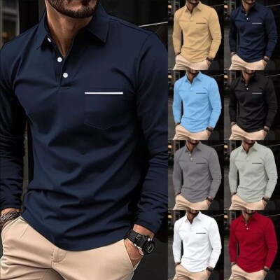 Mens Polo T-shirt Button Neck Long Sleeve Shirts Casual Plain