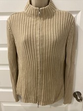 Vintage United Colors Of Benetton Sz L Tan Cotton Zip Sweater Made In Italy L4 