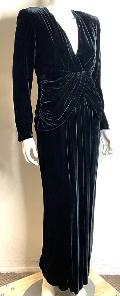 Vestido de Noche Vintage Años 80 I Magnin Bill Blass Negro Terciopelo 4 6 Cintura Drapeada Foto 4 de 4