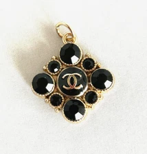 CHANEL Vintage Zipper Pull Button Charm Gold Tone Black Crystals  20x20mm