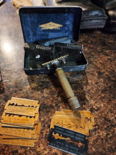 Old Type 1920 Gillette Double Edge Safety Razor USA Case & blade boxes w/blades - Afbeelding 1 van 23