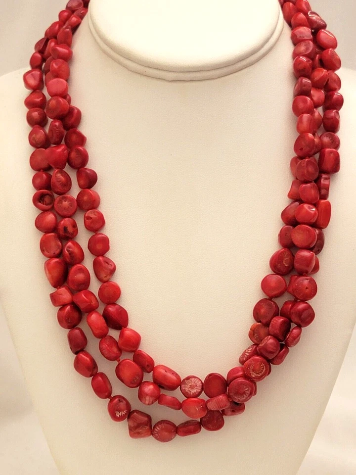 Collar Lucas Lameth Capas 3 Hilos Coral Rojo 925 Cierre Estampado 925LUC 20" L