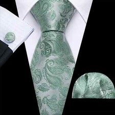 ITALIAN DESIGNER Sage Green Paisley SILK TIE, HANKY, CUFFLINKS