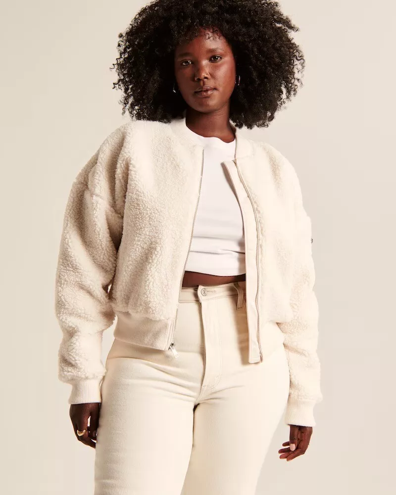 Abercrombie White Off White Beige Sherpa Teddy Soft Crop Zip Bomber Jacket  NWT