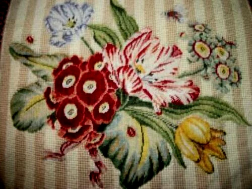 French 18th C Pattern Botanical Insect Needlepoint FEATHER Pillow HUGE Pair MCM - Image 4 of 4
