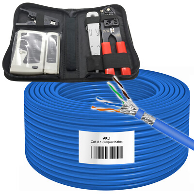 50m Cat8 Set Verlegekabel Cat 8.1 Netzwerkkabel Werkzeug Zange Tester LSA Messer