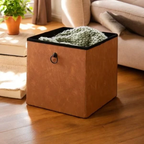 Natural Faux Leather Storage Box With Lid Rustic Ottoman Organiser Home Decor - Image 2 of 3