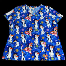 Disney's Frozen II Olaf Leaves Scrub Top Shirt Size 3XL Blue White Nurse Vet