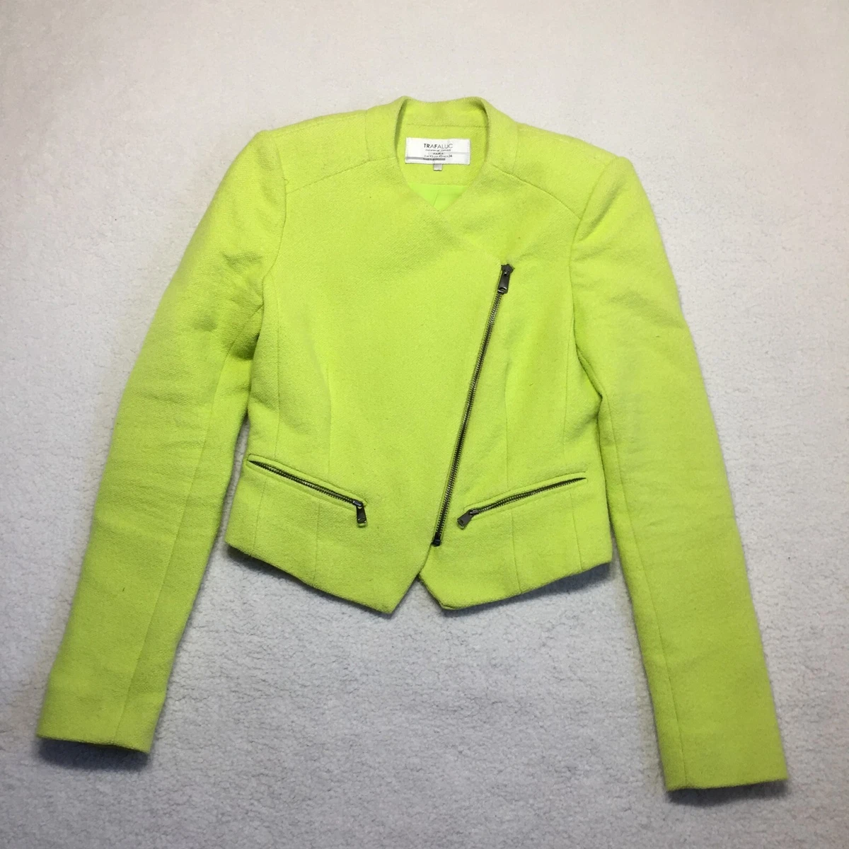 Zara Neon Lime Green Asymmetric Zip Tweed Blazer Jacket Two Zip