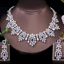 Women Silver Plated Long Chandelier Earrings Necklace Zircon Wedding Jewelry Set
