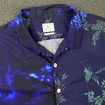 Paul Smith Shirt Mens XL Casual Fit Camp Loop Collar Hawaiian Floral Blue Boxy