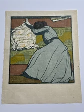 MAX KURZWEIL WOODCUT THE CUSHION AUSTRIAN FAMOUS RARE JAPON PAPER ANTIQUE LISTED