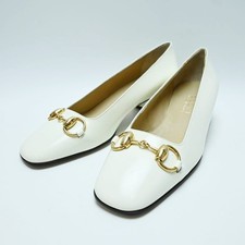 GUCCI Horsebit Leather Pumps 36C White/Gold T08-k060