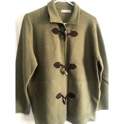 Kate Hill Petite Olive Green 100% Wool Toggle Cardigan cottage chore Sweater PL