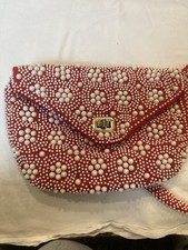 Vintage 1960s 70s Handmade Hong Kong Beaded Shoulder Bag Red White Floral Mod
