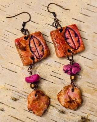 Modern Primitive Orange & Pink Artifacts In Clay & Stone Earrings In Copper