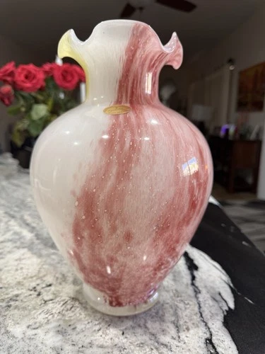 ✨ Murano Art Glass Vase – Handblown Italy, Red & Yellow Swirl, 13”