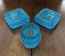 Set of 3 Fenton Hobnail Bright Blue Glassware (2 Sq Candle & 1 Toothpick Holders
