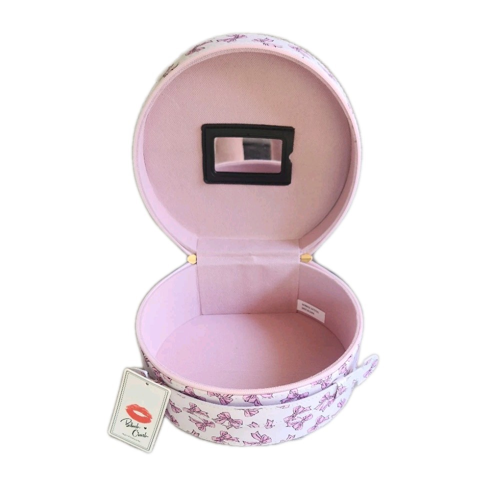 NWT! Blush Crush Round Travel Vanity Storage Case w/Mirror Pink Coquette Bows