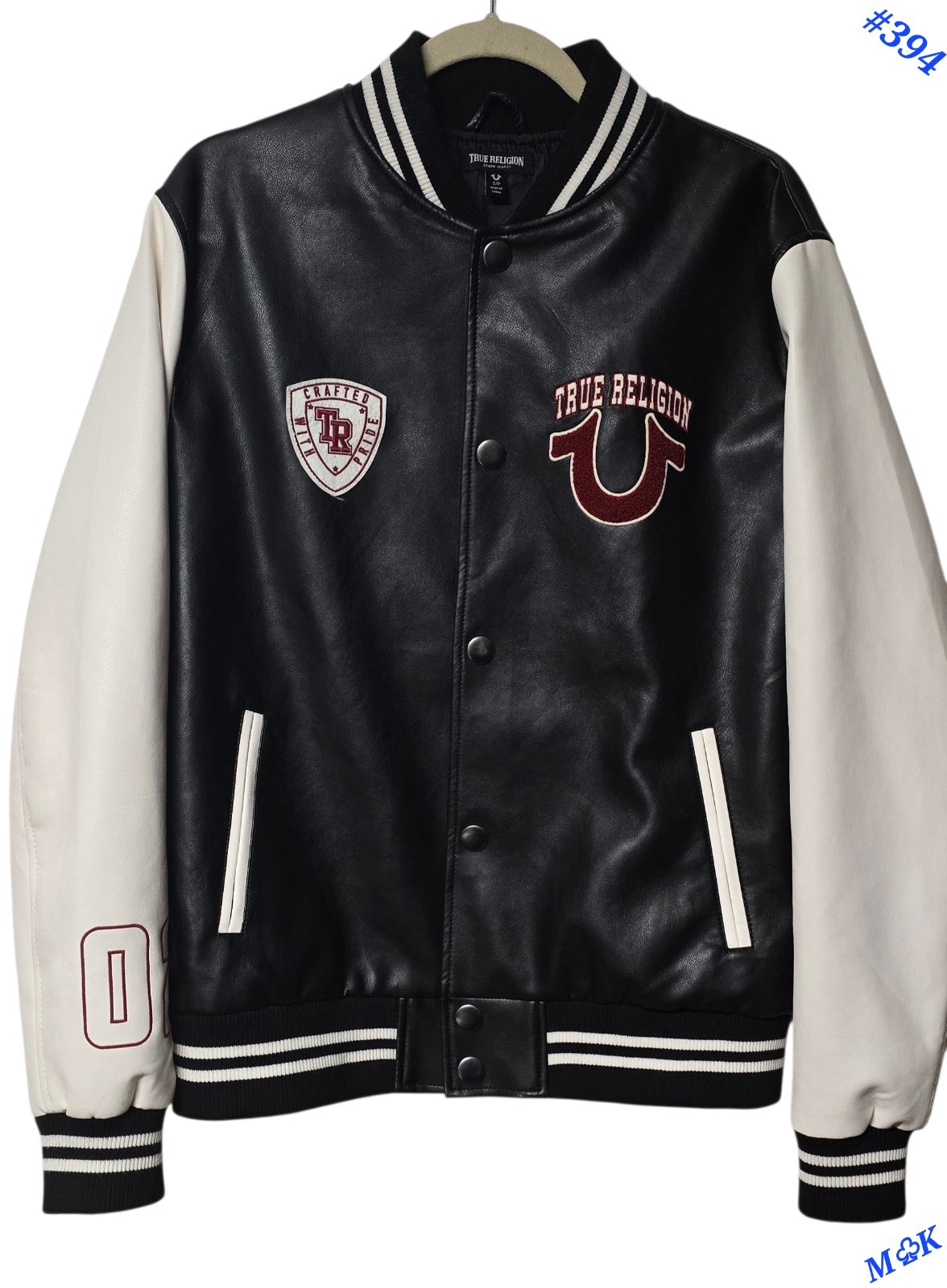 True Religion Varsity Jacket Men's Size Small White/Black Faux Leather 