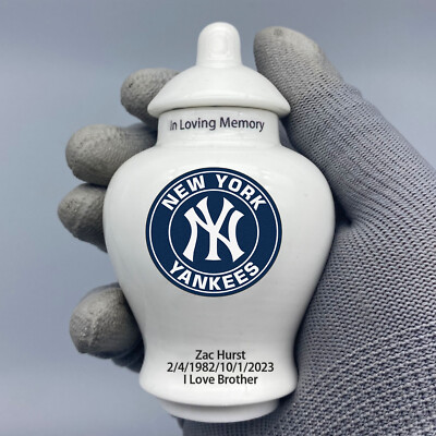 Ceramic Baseball Urn   New York Yankees Theme, Custom Text