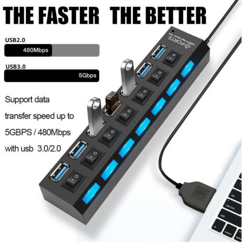 USB Hub 7 Port On/Off Switch High Speed Splitter AC Adapter Cable PC Laptop Lot