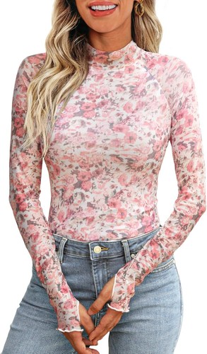 Floral Mesh Mockneck Long Sleeve Shirts for Women with Thumb Hole Fall Outfits - Picture 15 of 18