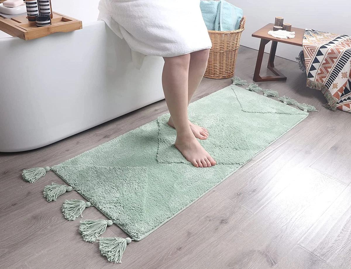 Mint Green Boho Runner Rug with Tassels Long Light Green Bath Mat