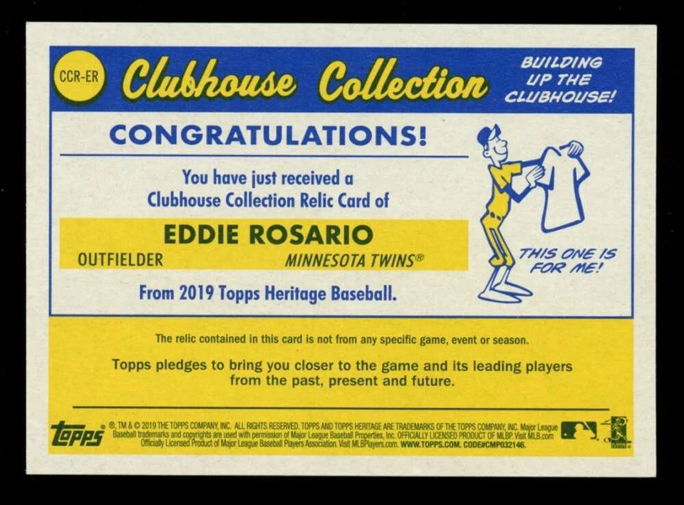 2019 Topps Heritage Clubhouse Relic Gold Eddie Rosario Twins #95/99 Jersey Grey - Image 2 of 2