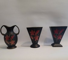 3 Vintage Black Laquer Vases - With Red Gold Flowers Designed 