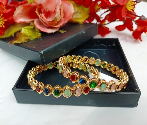 Indian CZ Multi Stone Studded Bangles Bracelets Gold Plated Party Wear Jewelry - Picture 3 of 6