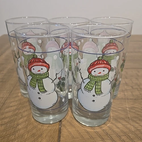 Vtg Libbey Snowman Christmas Holiday Winter Glasses Tumbler 6" Highball Set Of 5