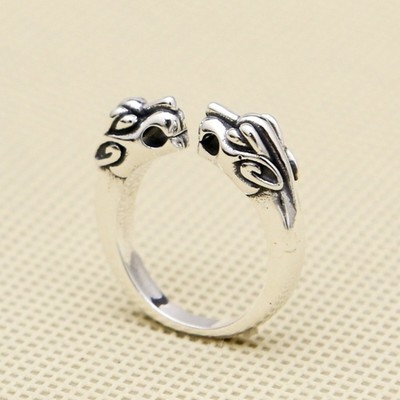 Pure Sterling Silver Men Luck Gift Bless Double Tiger Head Open Ring 8-9g