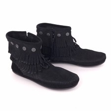 Minnetonka womens 7 Double Fringe Side Zip Boots moccasin boho festival black