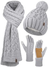 Winter Beanie Hat Scarf Gloves with Pom Pom Fleece Lined Touchscreen Gloves S...