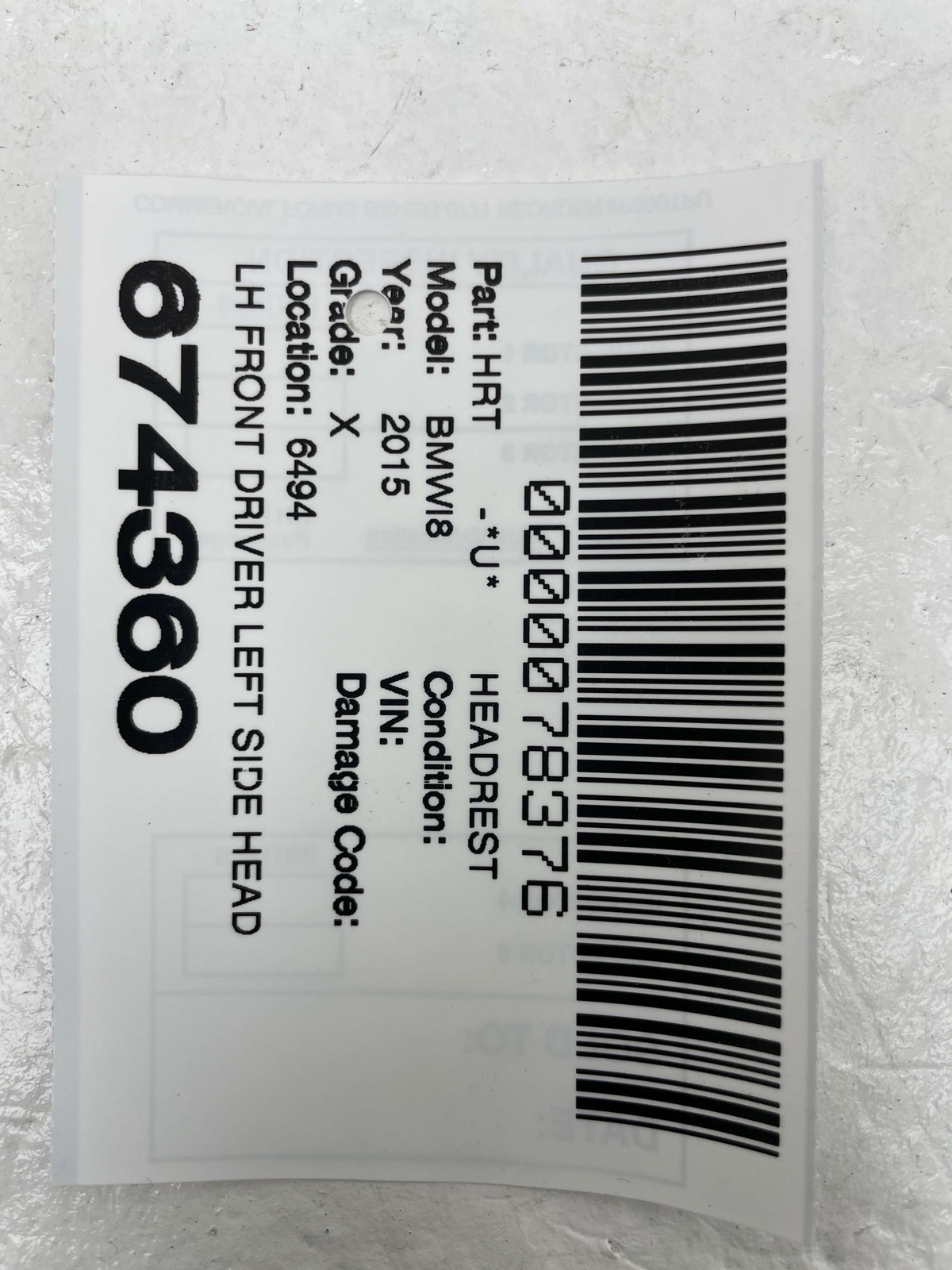 2014 2015 2016 2017 BMW I8 OEM FRONT DRIVER LEFT SIDE HEADREST 736508602